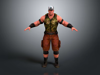 Game Movie Character With White Helmet Green Camouflage Vest Brown Shorts And Black Boots 3d model