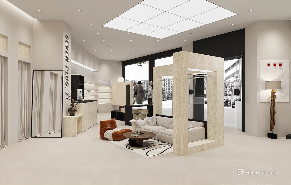 Modern Clothing Store Showroom With Elegant Interior Display Racks Sofa Seating And Large Windows 3d model 
