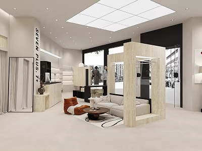 Modern Clothing Store Showroom With Elegant Interior Display Racks Sofa Seating And Large Windows 3d model