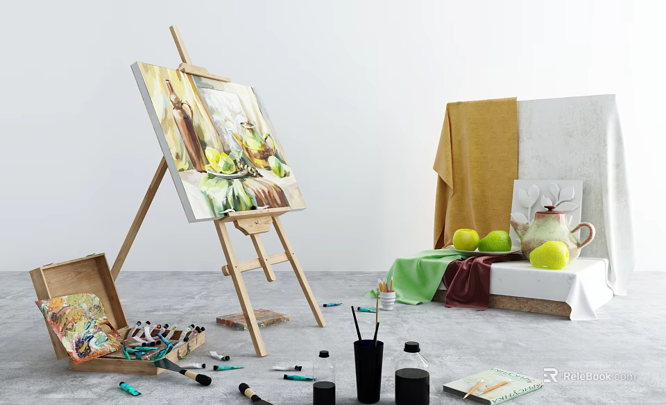 Art Supplies Setup with Easel Painting Brushes Paints Palette Cloth and Fruits 3d model 