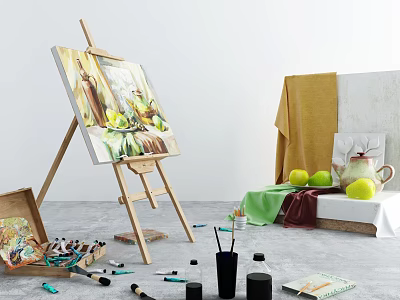 Art Supplies Setup with Easel Painting Brushes Paints Palette Cloth and Fruits 3d model