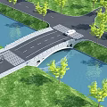 Scenic Stone Arch Bridge Over Calm River With Green Trees And Cars Driving On Top