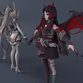 Anime Style Game Movie Characters with Cat Ears Long Hair Red Wings and Demon Horns