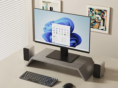 Sleek Home Office Desktop Monitor Setup With Stand Keyboard Mouse And Speakers 3d model