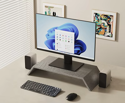 Sleek Home Office Desktop Monitor Setup With Stand Keyboard Mouse And Speakers 3d model
