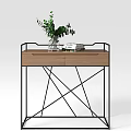 Modern Minimalist Entryway Console Table with Wooden Drawers Black Metal Cross Frame and Green Plant Decoration