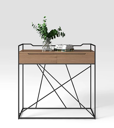 Modern Minimalist Entryway Console Table with Wooden Drawers Black Metal Cross Frame and Green Plant Decoration 3d model