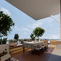 Terrace Garden With Wooden Wall Dining Table Plants Bench Sky And Clouds