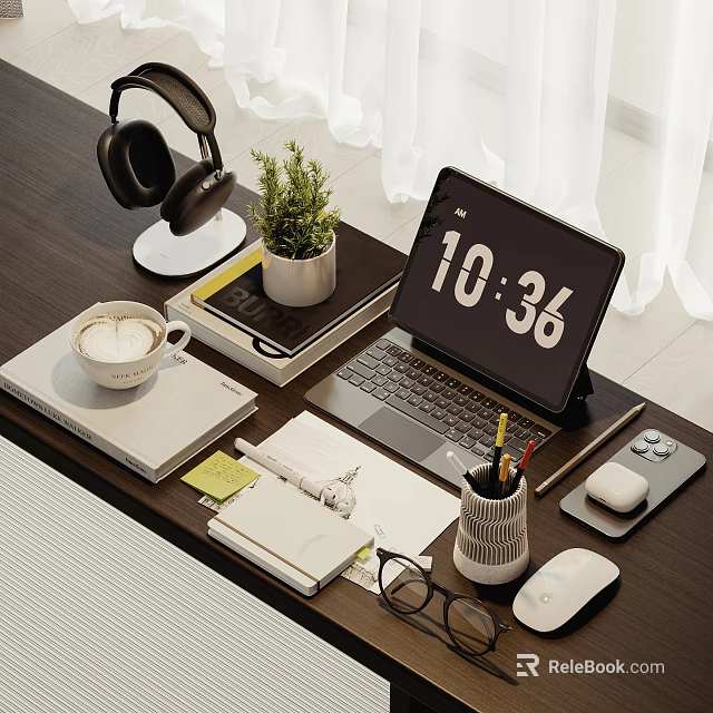 Organized Workspace Desk Setup With Laptop Headphones Plant Coffee Cup And Notebooks 3d model 
