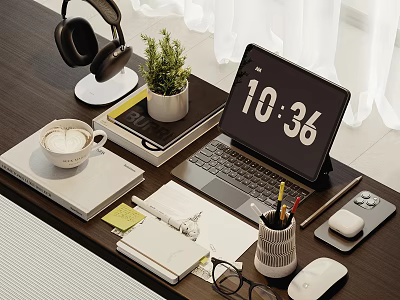 Organized Workspace Desk Setup With Laptop Headphones Plant Coffee Cup And Notebooks 3d model