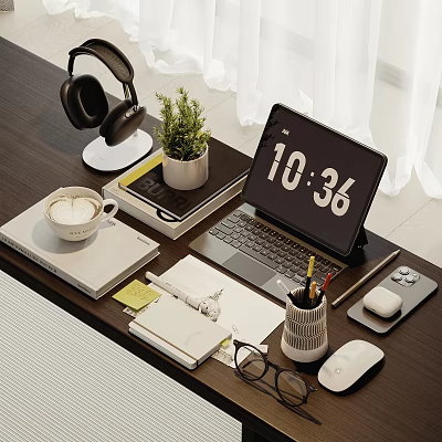 Organized Workspace Desk Setup With Laptop Headphones Plant Coffee Cup And Notebooks 3d model