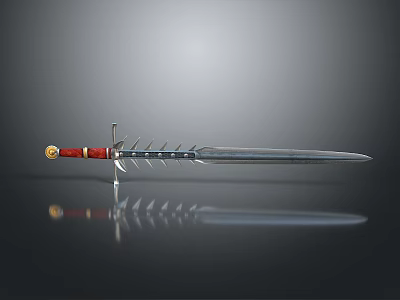 Decorative Medieval Sword With Silver Blade Red Hilt And Spiked Design 3d model