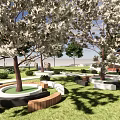 Scenic Park Landscape With Wooden Decks Trees Grass Stone Pathways And Flower Beds