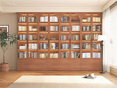 Large Wooden Bookcase With Multiple Shelves Filled With Books Potted Plant Floor Lamp Window And Rug 3d model