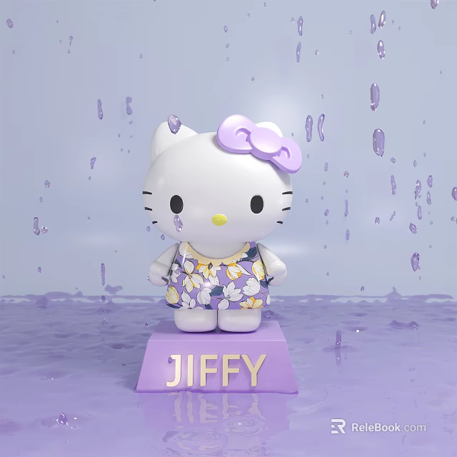 Hello Kitty Doll With Purple Bow Floral Dress On JIFFY Base And Purple Background 3d model 