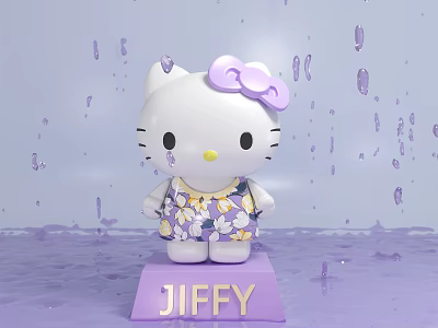 Hello Kitty Doll With Purple Bow Floral Dress On JIFFY Base And Purple Background 3d model