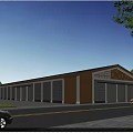 Modern Industrial Factory Building Exterior With Wooden Gray Facade Garage Doors And People Vehicles