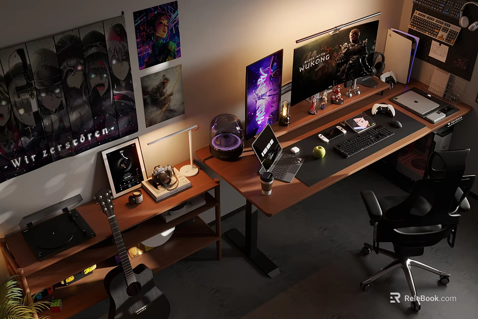 Modern Entertainment Room Setup With Dual Monitors Guitar Posters And Wooden Desk 3d model 