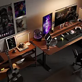 Modern Entertainment Room Setup With Dual Monitors Guitar Posters And Wooden Desk
