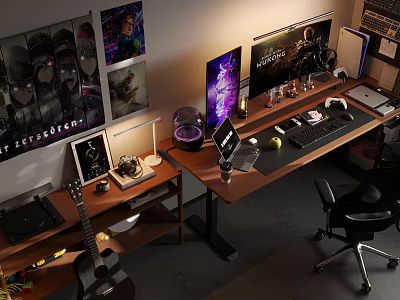 Modern Entertainment Room Setup With Dual Monitors Guitar Posters And Wooden Desk 3d model