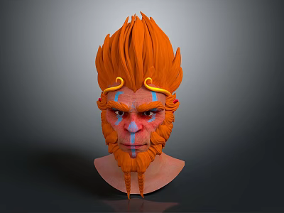 Game Movie Character Head With Orange Spiky Fur Yellow Ornaments And Blue Facial Markings 3d model