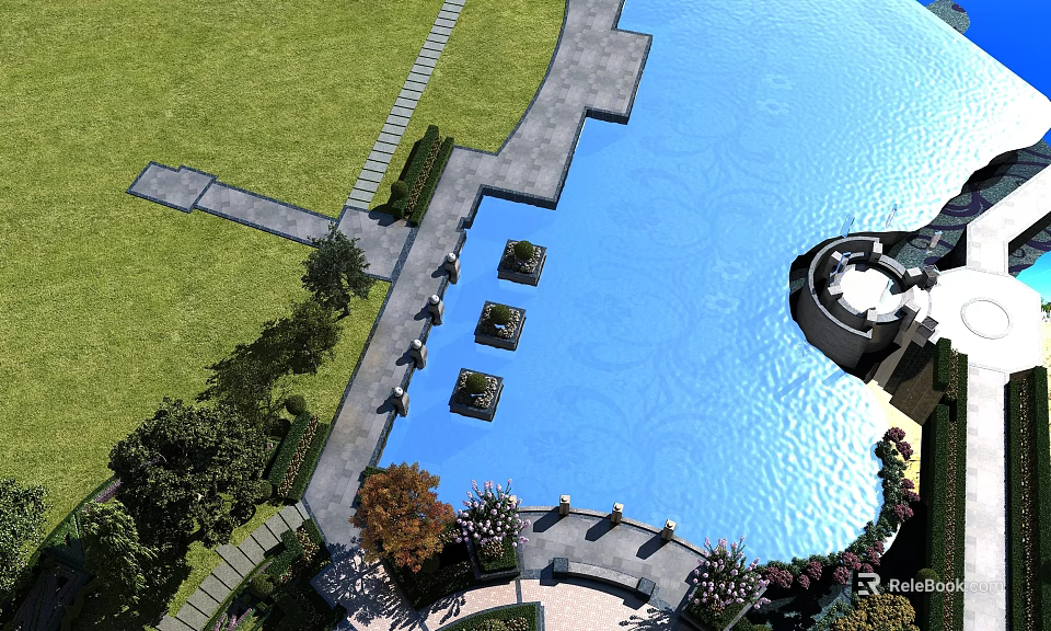 Outdoor Swing Door Design In Garden Landscape With Pool Lawn And Stone Path 3d model 