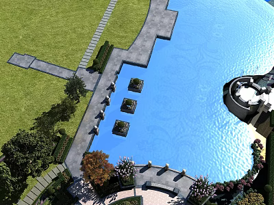 Outdoor Swing Door Design In Garden Landscape With Pool Lawn And Stone Path 3d model