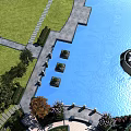 Outdoor Swing Door Design In Garden Landscape With Pool Lawn And Stone Path