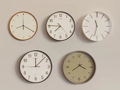 Various Stylish Wall Clocks With Different Dial Colors And Numeral Display Designs 3d model