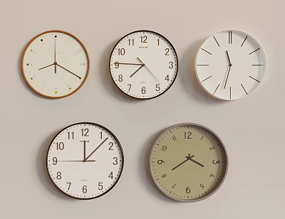 Various Stylish Wall Clocks With Different Dial Colors And Numeral Display Designs 3d model