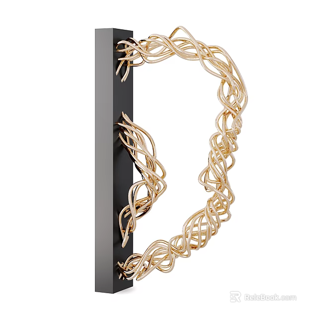 Modern Golden Metal Wire Sculpture With Intricate Woven Design on Black Background 3d model 
