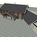 Modern Architectural Interior With Wooden Roof Structure Large Glass Windows And Gray Floor Tiles