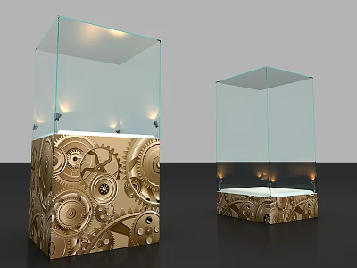 Transparent Glass Display Cabinets with Golden Gear Base and Illuminated Interior 3d model
