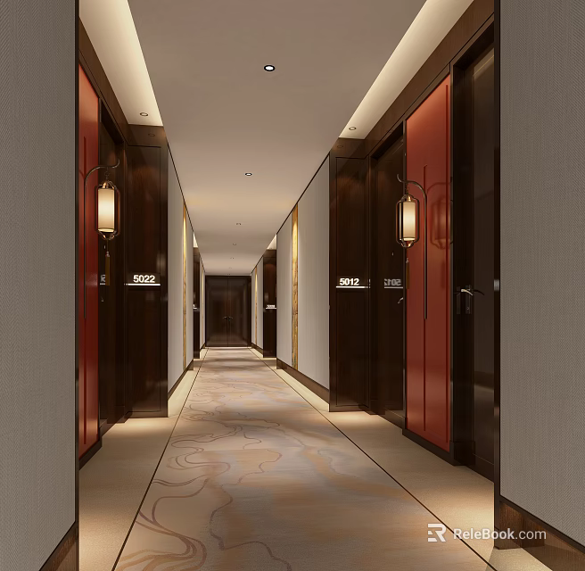Luxurious Hotel Corridor With Dark Wooden Walls Red Doors Patterned Carpet And Wall Lamps 3d model 
