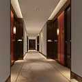 Luxurious Hotel Corridor With Dark Wooden Walls Red Doors Patterned Carpet And Wall Lamps
