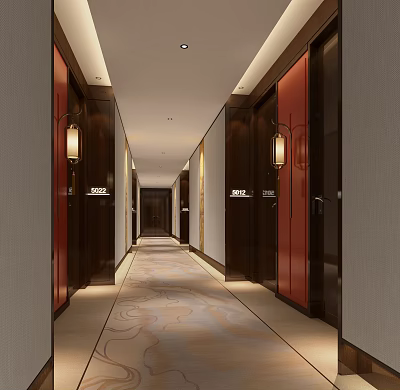 Luxurious Hotel Corridor With Dark Wooden Walls Red Doors Patterned Carpet And Wall Lamps 3d model