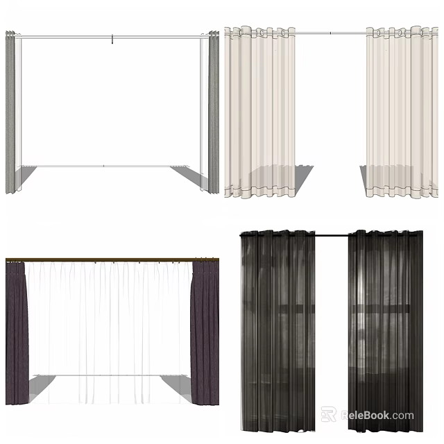 Sheer White And Dark Colored Curtains For Window Treatment And Home Decor 3d model 
