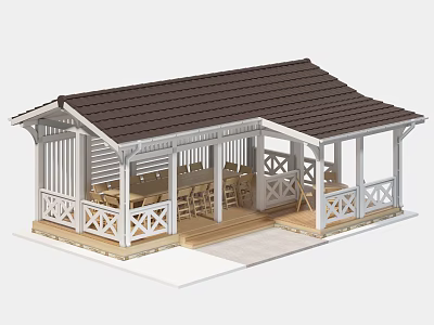 Wooden Cabin Exterior Design With Brown Roof White Railings Porch And Tables Chairs 3d model