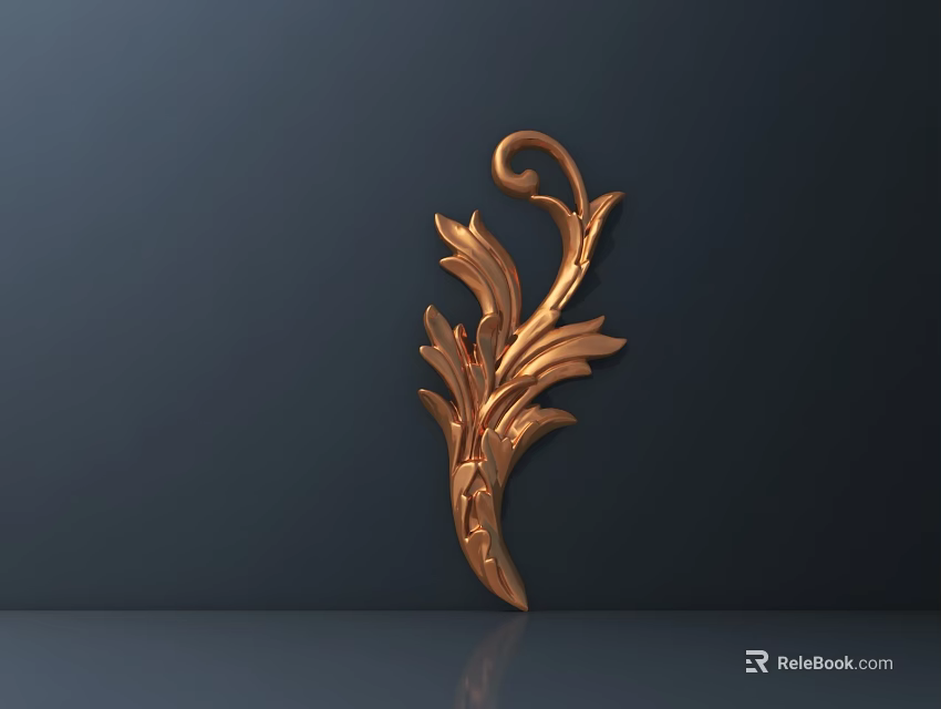 Intricate Golden Carving With Leaf Scroll Patterns On Dark Surface And Reflection 3d model