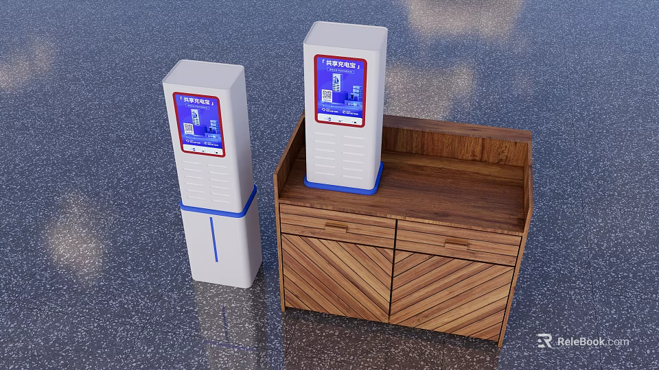 White Digital Payment Terminals With Blue Border Screens Displaying PAYMENT On Wooden Cabinet 3d model 