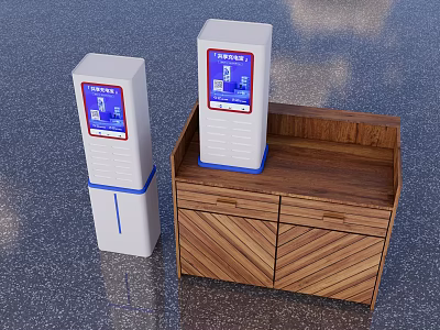 White Digital Payment Terminals With Blue Border Screens Displaying PAYMENT On Wooden Cabinet 3d model