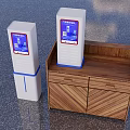 White Digital Payment Terminals With Blue Border Screens Displaying PAYMENT On Wooden Cabinet