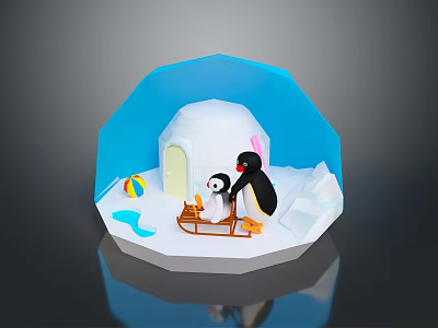 Two Penguins In Snowy Scene With Igloo Sled Colorful Ball And Blue Background 3d model