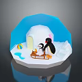 Two Penguins In Snowy Scene With Igloo Sled Colorful Ball And Blue Background