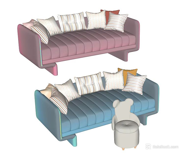 Stylish Sofa Set with Pink Blue Tones Multiple Cushions and Matching Stool 3d model