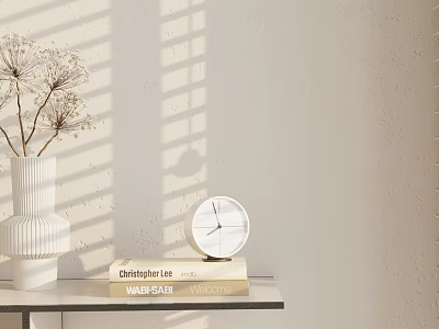 Ornamental Decor Set with White Vase Dried Flowers Round Clock on Books Sunlight Shadow Background 3d model