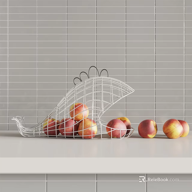 Fresh Peaches in Chicken Shaped Metal Fruit Basket and Beside Gray Grid Wall 3d model 