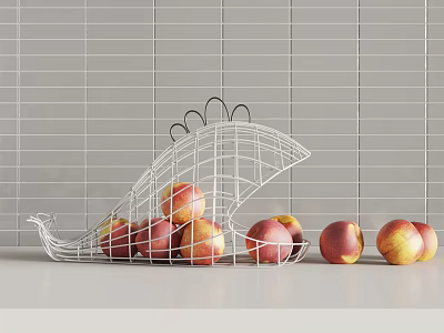 Fresh Peaches in Chicken Shaped Metal Fruit Basket and Beside Gray Grid Wall 3d model
