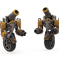 Yellow Gray Wheeled Mechanical Robots With Large Cannons And Sci Fi Design 3d model