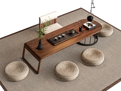 New Chinese Tatami Tea Table Japanese Tea Table Tea Table and Chair Futon Rattan Carpet Tea Set 3d model